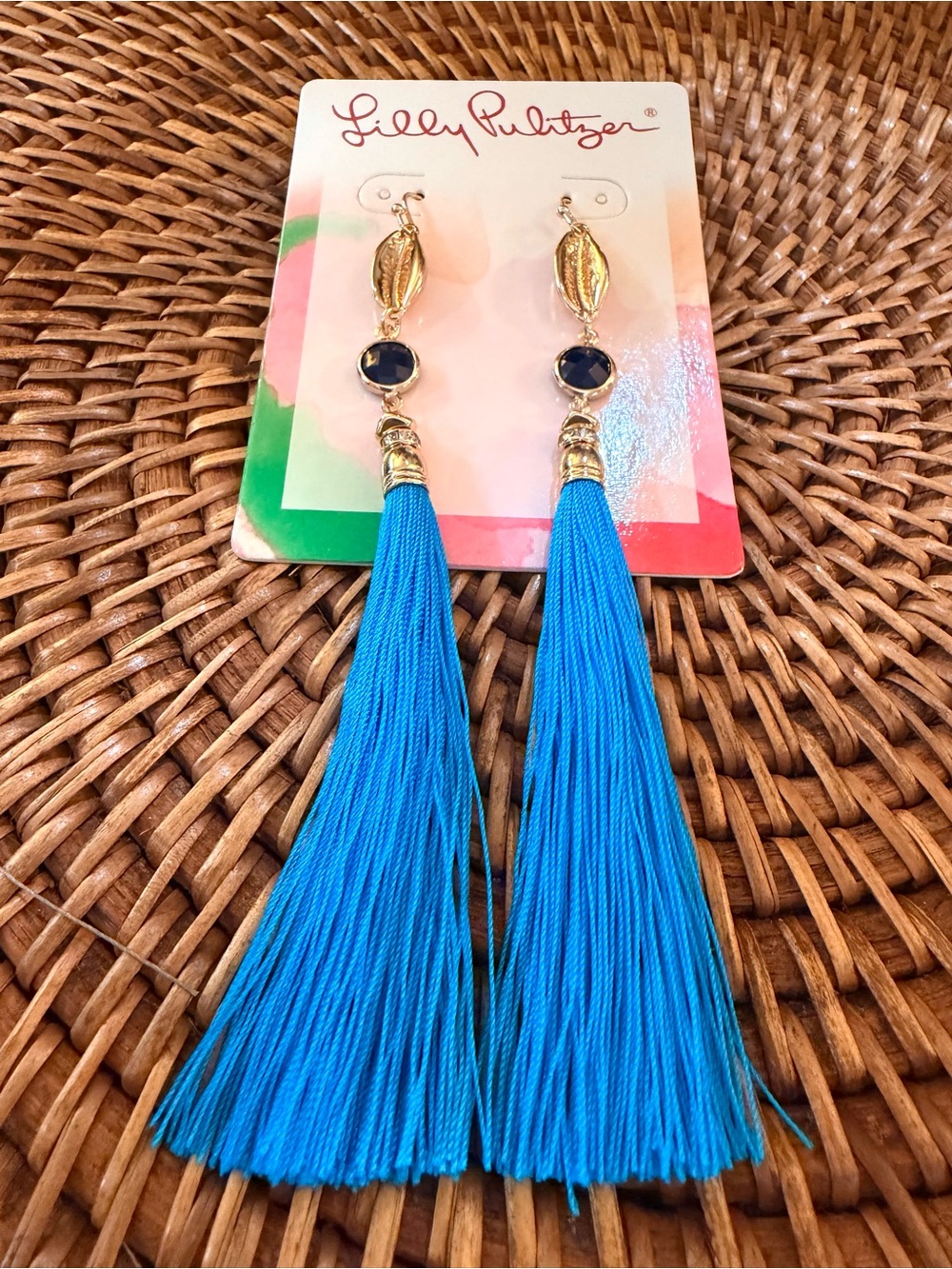 Lilly Pulitzer Earrings NWT Bright Blue Tassels /with Gold Cowrie Shell accents